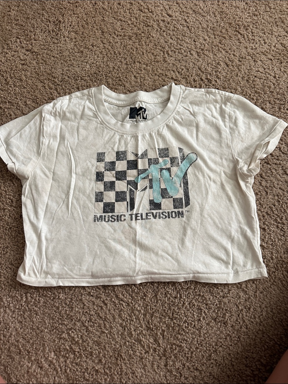 MTV White Crop Tee with Teal Logo and Checkerboard Graphic